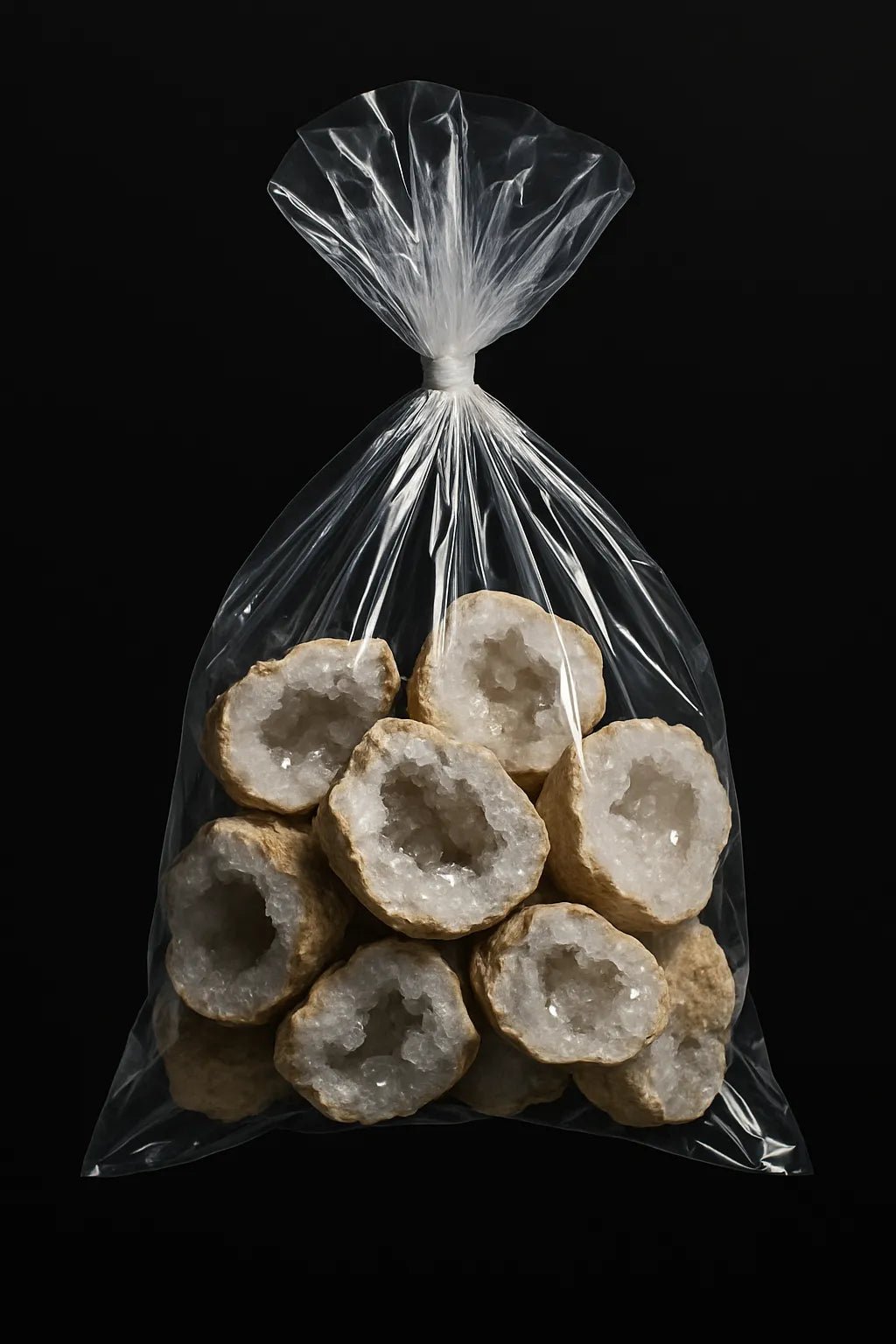 Example output of hyperreal floating bag product shots generated by a ChatGPT prompt template. Diamonds.