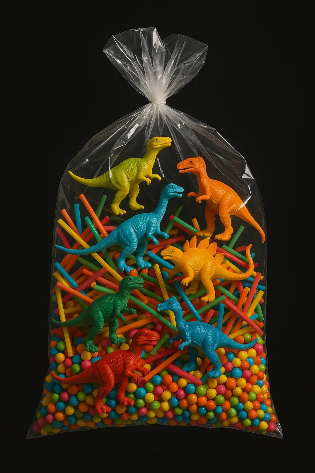Example output of hyperreal floating bag product shots generated by a ChatGPT prompt template. Dinosaurs.