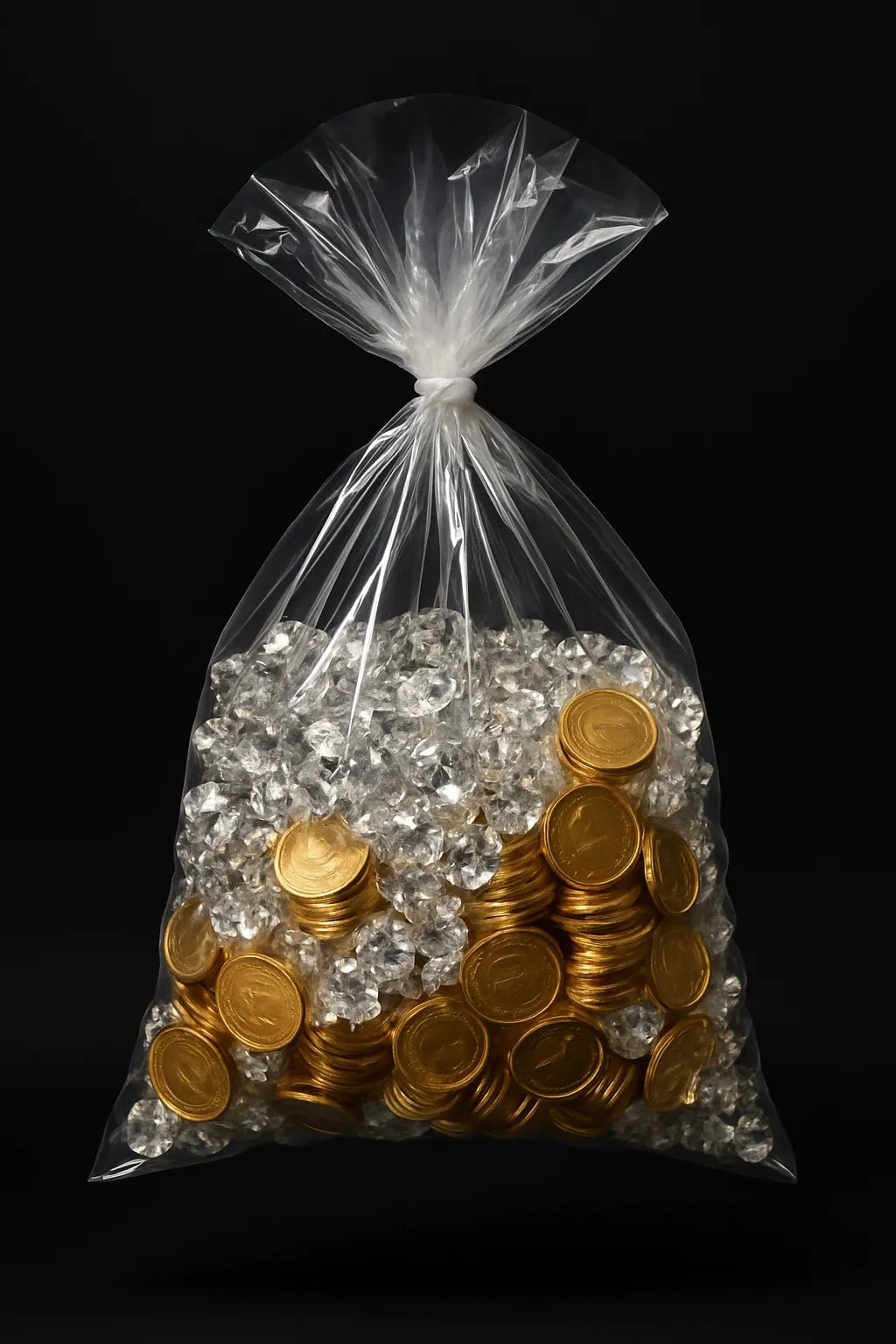 Example output of hyperreal floating bag product shots generated by a ChatGPT prompt template. Gold and Diamonds.