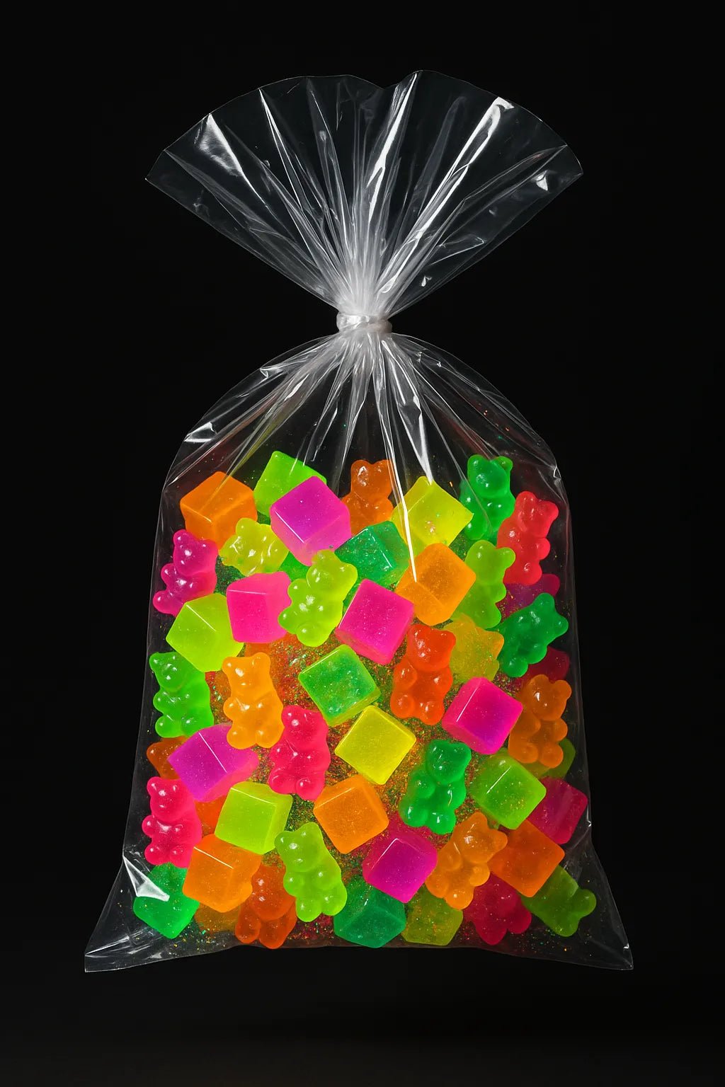 Example output of hyperreal floating bag product shots generated by a ChatGPT prompt template. Gummy.