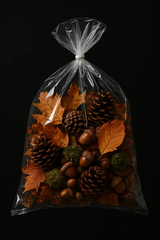 Example output of hyperreal floating bag product shots generated by a ChatGPT prompt template. Leaves.