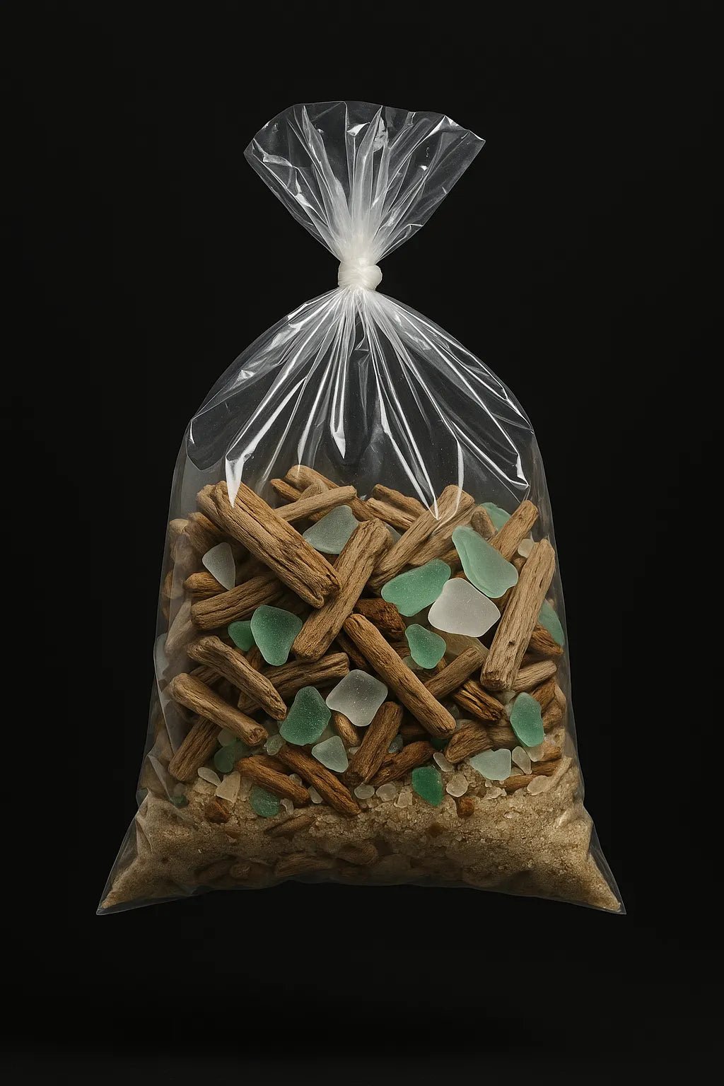 Example output of hyperreal floating bag product shots generated by a ChatGPT prompt template. Minerals.