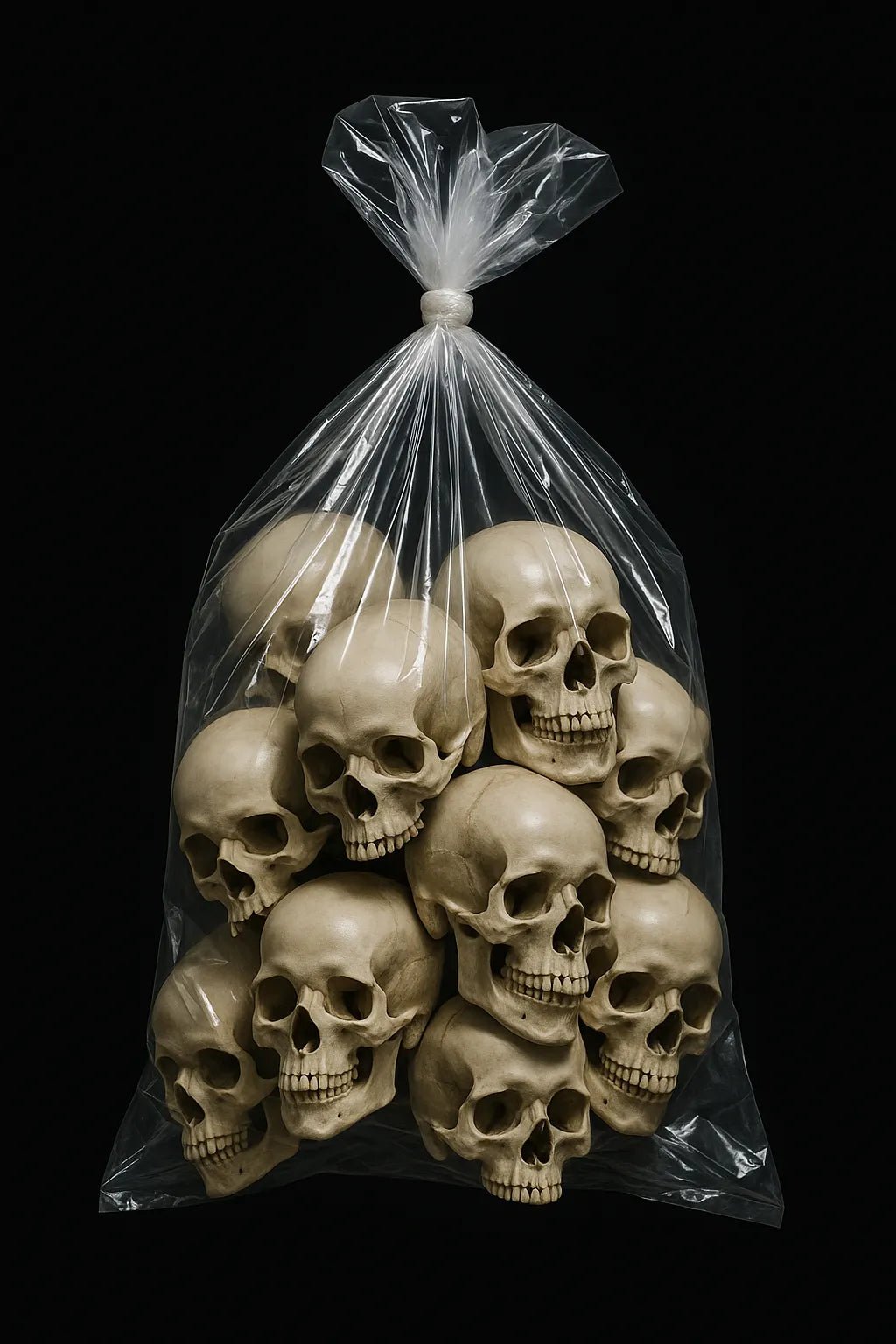 Example output of hyperreal floating bag product shots generated by a ChatGPT prompt template. Skulls.