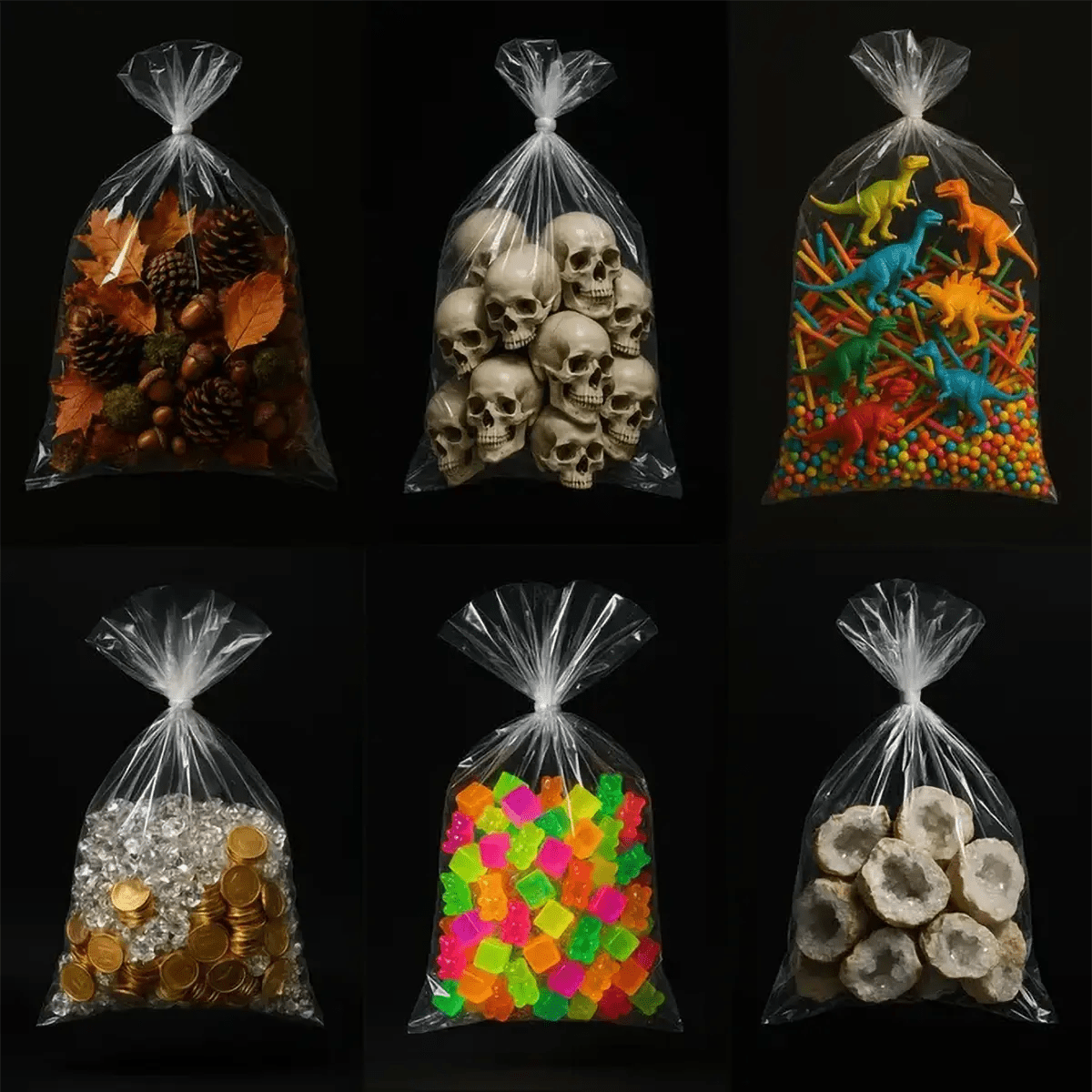 Example output of hyperreal floating bag product shots generated by a ChatGPT prompt template, showcasing various items—pinecones and acorns, stacked skulls, colorful toy dinosaurs, coins with crystal beads, neon gummy cubes, and natural geode slices—encased in a floating clear plastic bag with glossy reflections against a sleek black background.