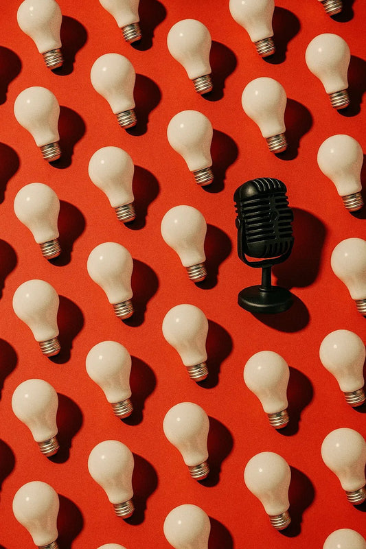 Example output from the Infinite Object Grids With A Twist ChatGPT prompt: visually symbolic object grids disrupted by a single odd element, featuring cropped compositions, sharp lighting, and emotional contrast for viral visuals. Microphone.