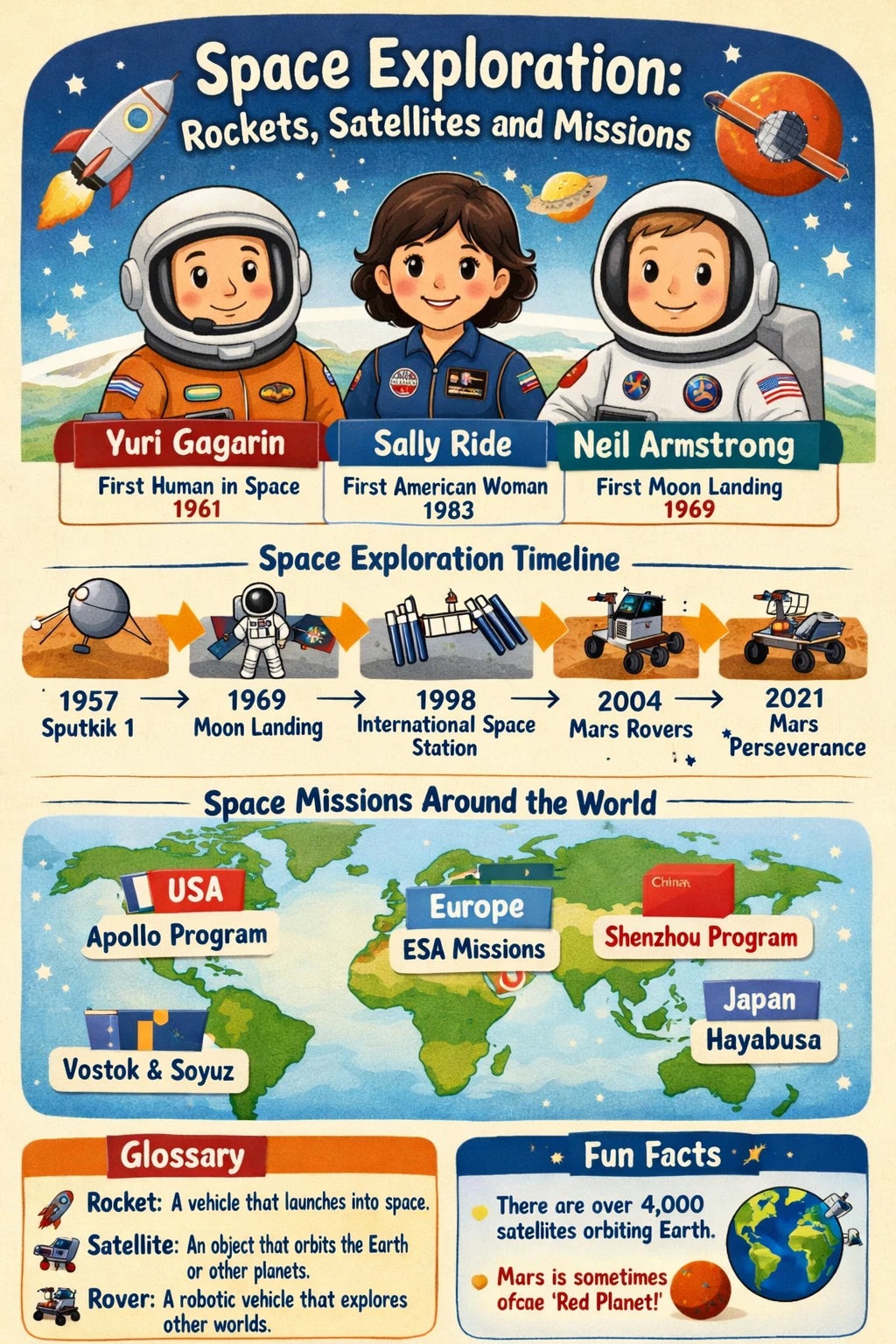 Example output from the Kids History Timeline Sheets ChatGPT prompt: a space exploration classroom sheet in a kid-friendly illustrated style with a timeline, diagrams and glossary boxes.