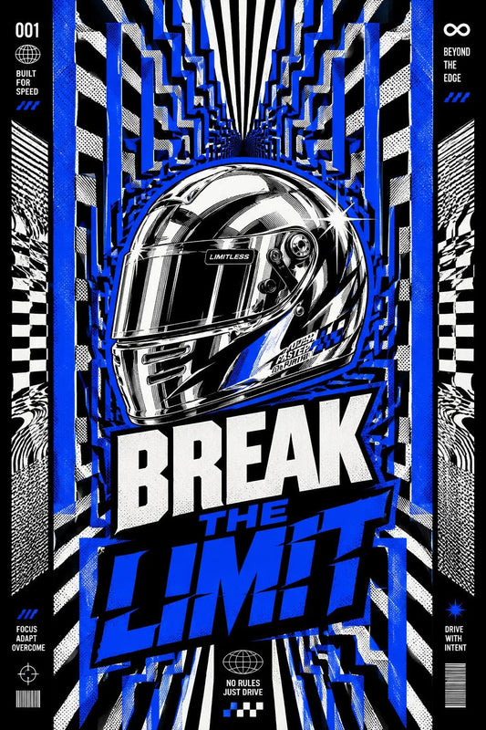 Example output from the Kinetic Opart Quote Posters ChatGPT prompt: a blue op-art poster reading Break The Limit, with a chrome racing helmet inside a converging striped tunnel.