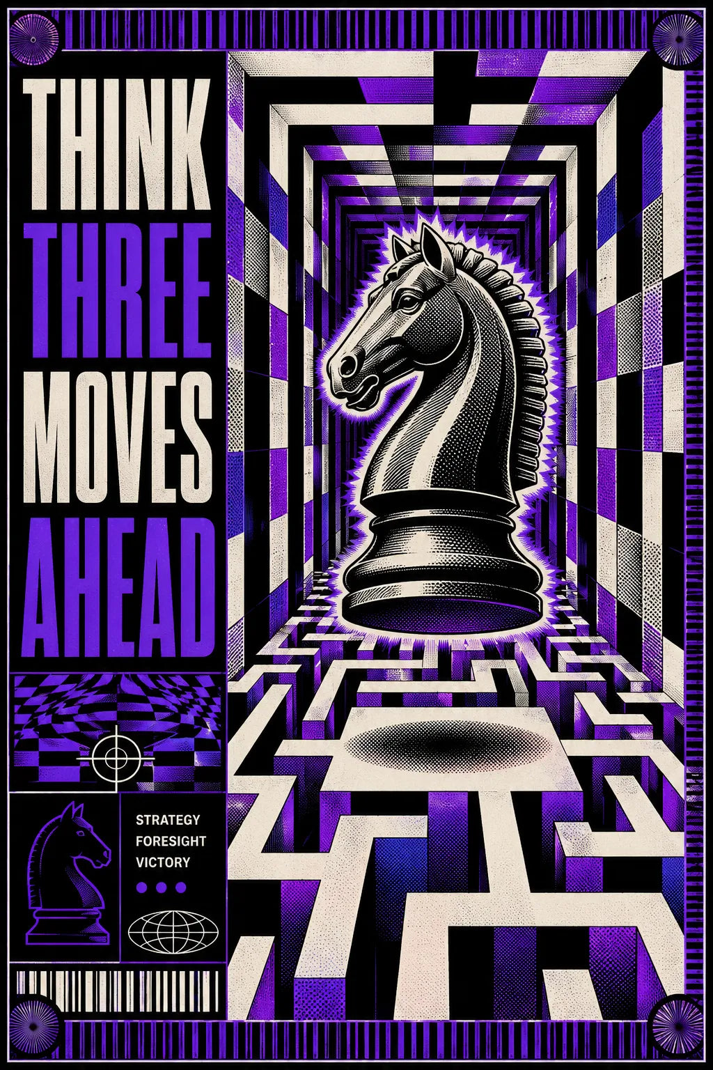 Example output from the Kinetic Opart Quote Posters ChatGPT prompt: an op-art poster reading Think Three Moves Ahead, with tessellated geometry, moire and halftone textures in a vertical print-ready layout.