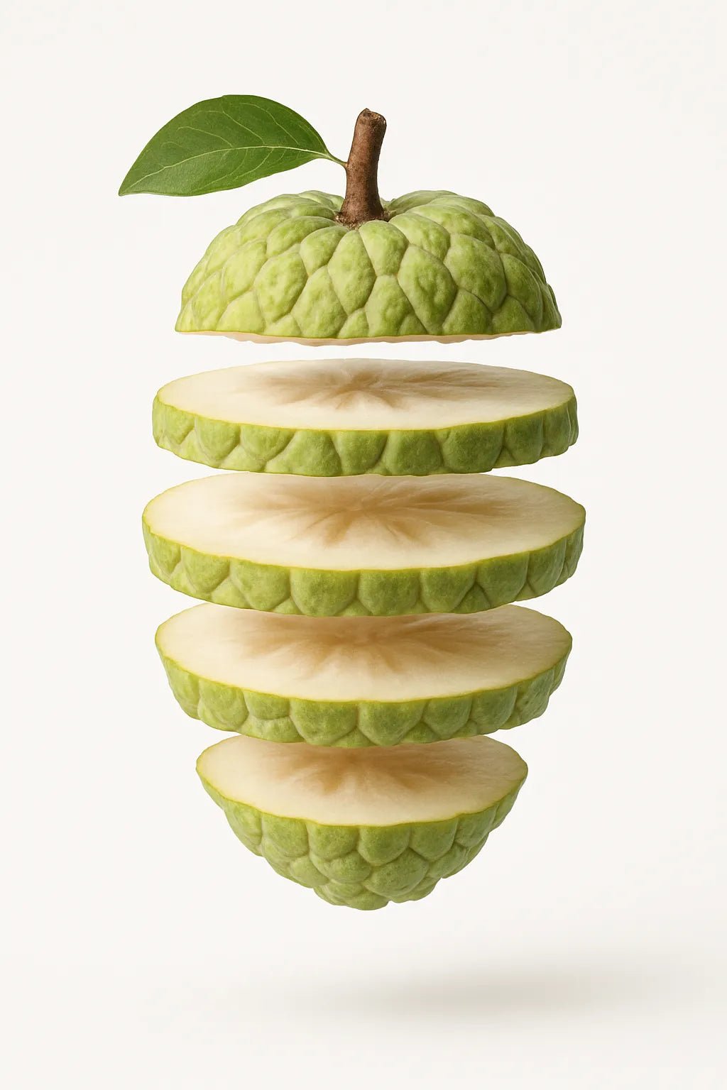 Example output from the Levitating Sliced Fruit Illustration ChatGPT prompt: hyper-realistic fruit. Custard Apple.