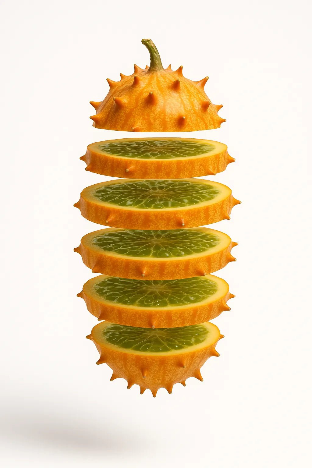 Example output from the Levitating Sliced Fruit Illustration ChatGPT prompt: hyper-realistic fruit. Kiwano.