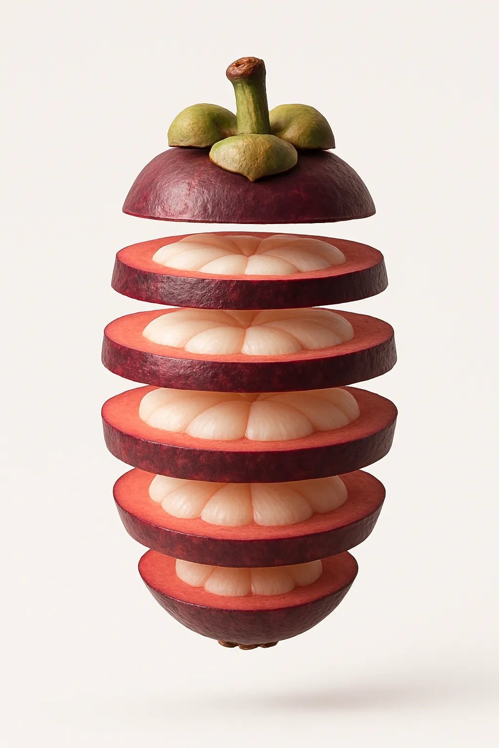 Example output from the Levitating Sliced Fruit Illustration ChatGPT prompt: hyper-realistic fruit. Mangosteen.