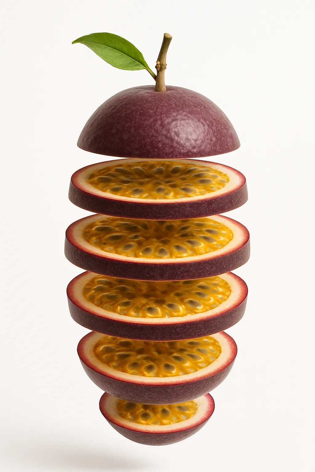 Example output from the Levitating Sliced Fruit Illustration ChatGPT prompt: hyper-realistic fruit. Passion Fruit.