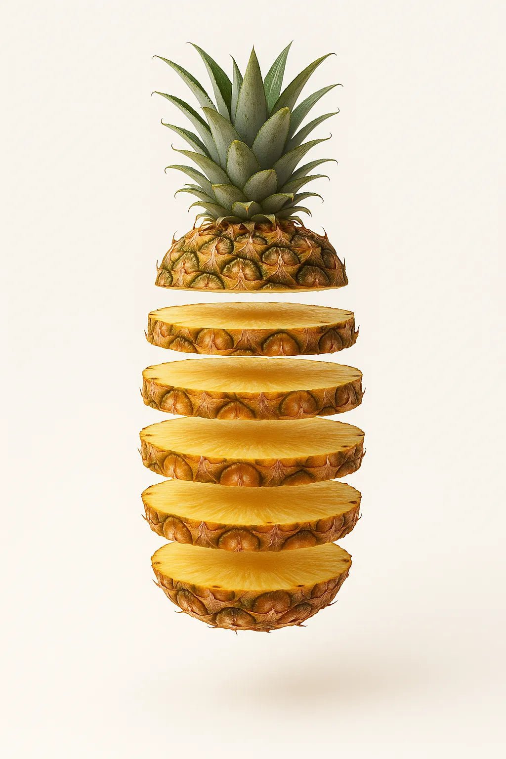 Example output from the Levitating Sliced Fruit Illustration ChatGPT prompt: hyper-realistic fruit. Pineapple.