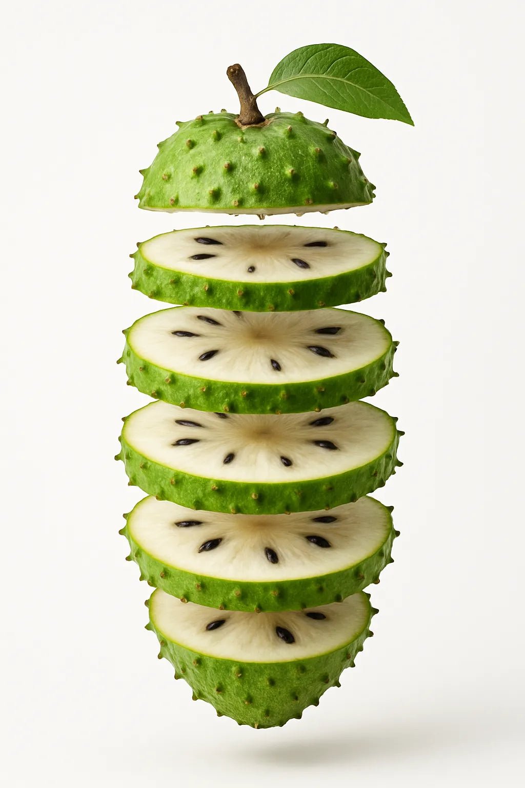 Example output from the Levitating Sliced Fruit Illustration ChatGPT prompt: hyper-realistic fruit. Soursop.