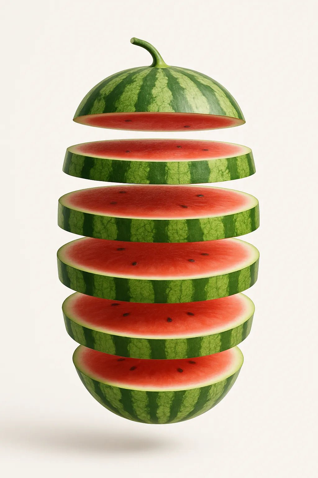 Example output from the Levitating Sliced Fruit Illustration ChatGPT prompt: hyper-realistic fruit. Watermelon.