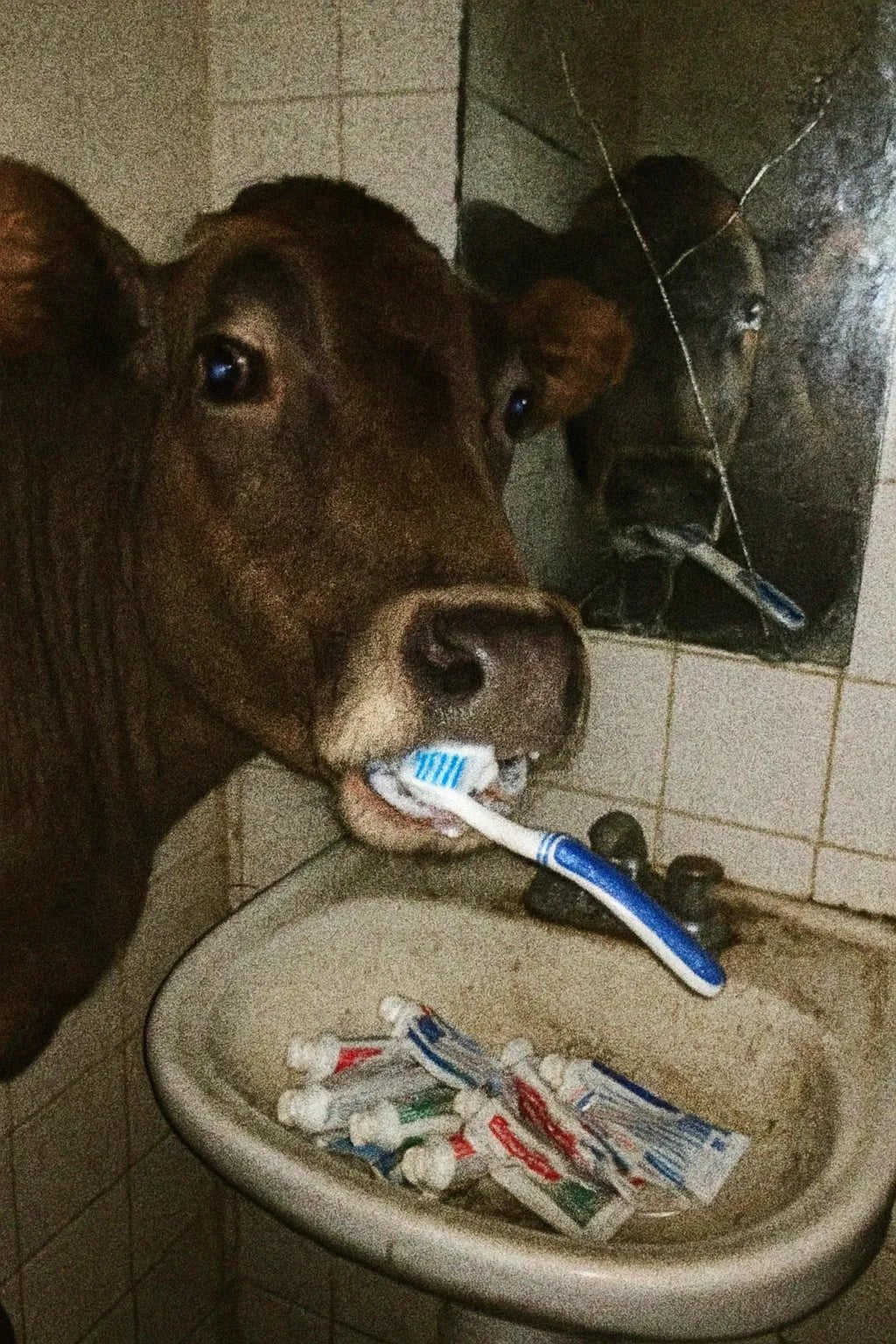 Example output from the Low Quality Smartphone Photo Scenes ChatGPT prompt: Cow