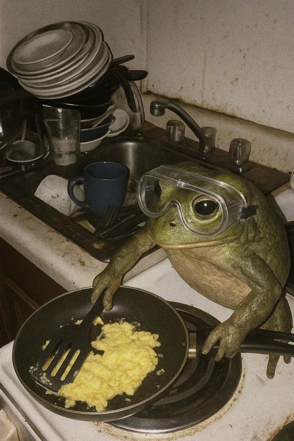Example output from the Low Quality Smartphone Photo Scenes ChatGPT prompt: Frog
