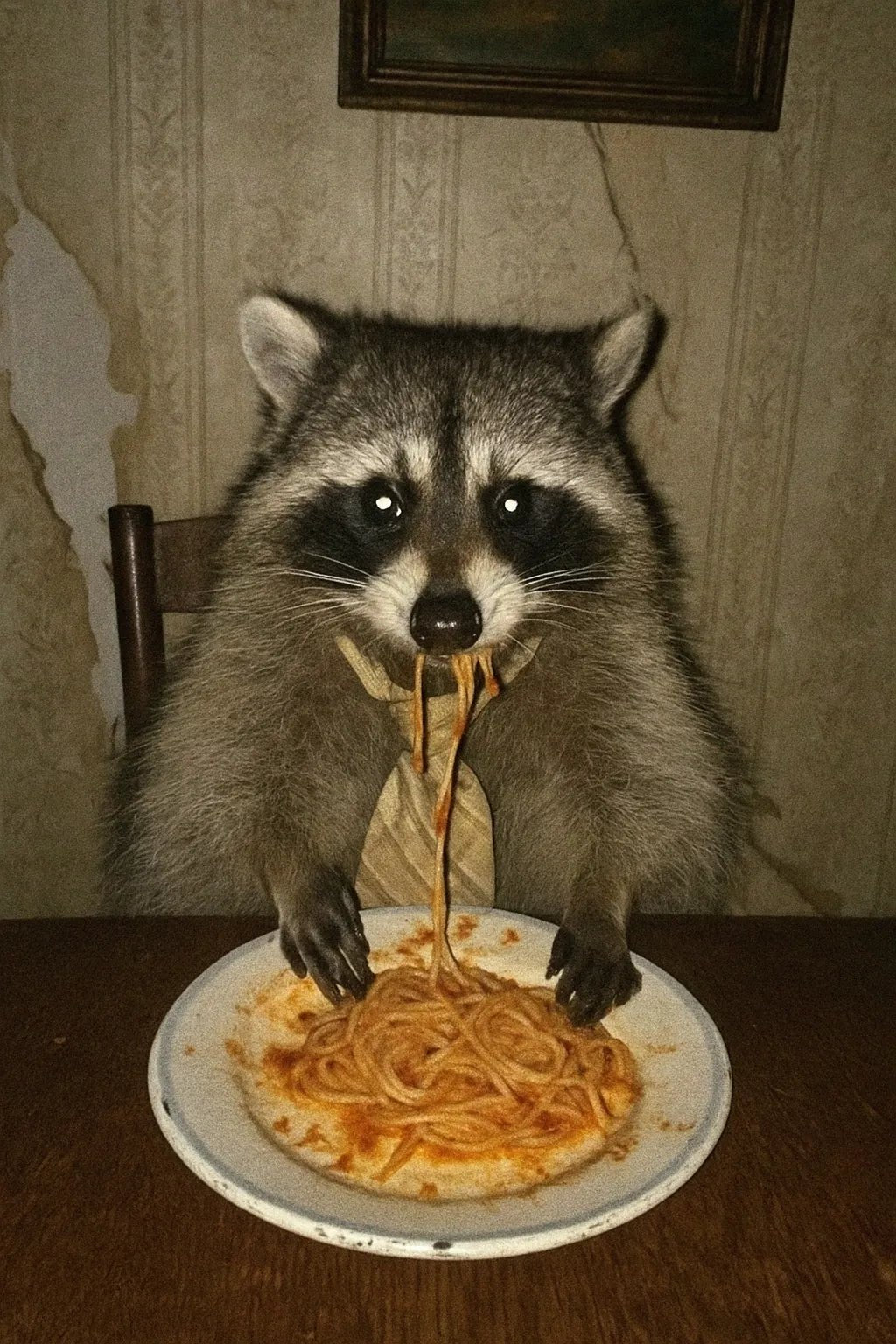 Example output from the Low Quality Smartphone Photo Scenes ChatGPT prompt: Raccoon
