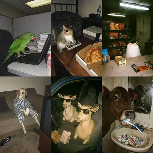 Example output from the Low Quality Smartphone Photo Scenes ChatGPT prompt: retro 2010-style cursed photos featuring animals in human-like scenes, grainy textures, harsh flash lighting, and low-resolution realism.