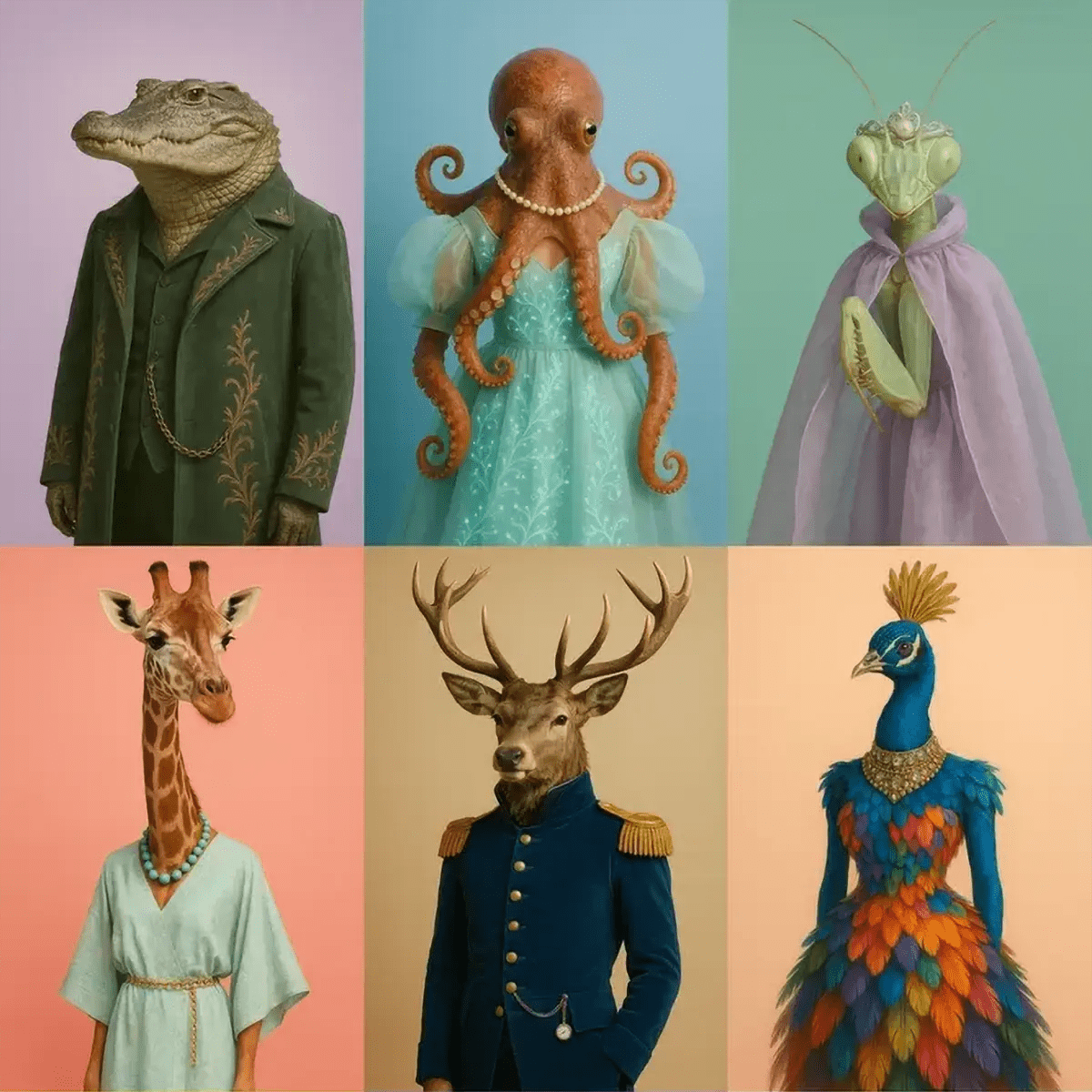 Example output of luxe animal editorial portraits generated by a ChatGPT prompt template, showcasing a crocodile in an embroidered coat, an octopus in a pearl-necklace dress, a praying mantis in a flowing cape, a giraffe with a turquoise necklace, a stag in a navy uniform with epaulettes, and a peacock in a feathered couture gown—each rendered with grain overlay, contour lighting, and vibrant backgrounds.
