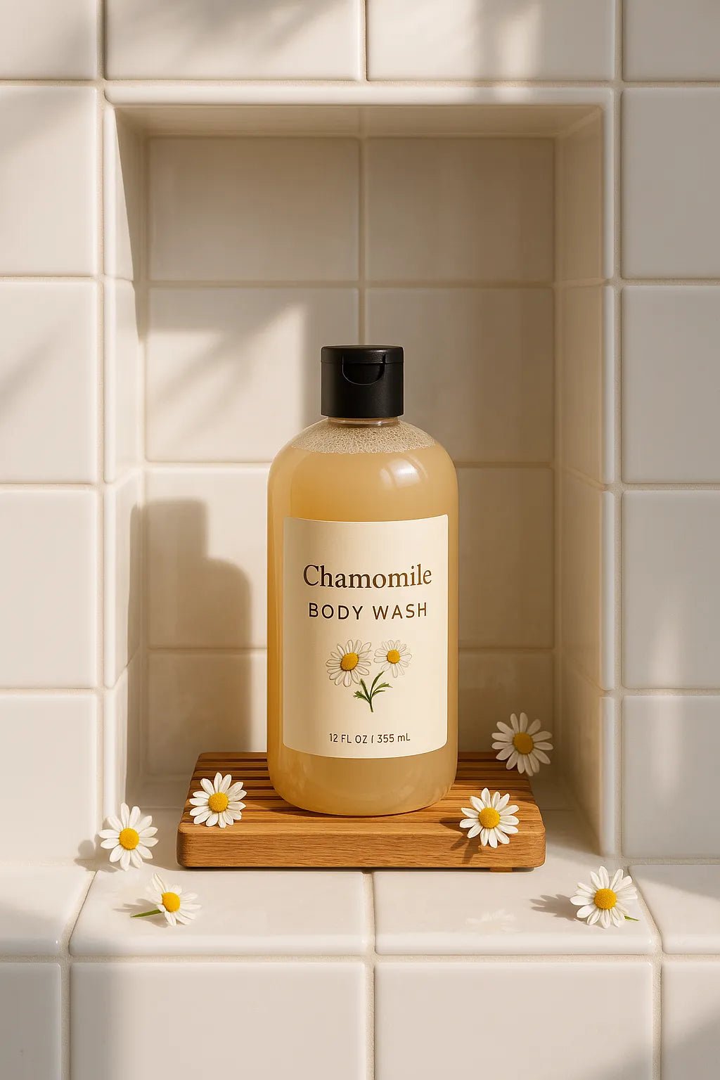 Example output from the Luxury Skincare Product Mockups ChatGPT prompt: premium skincare mockup. Chamomile Body Wash.