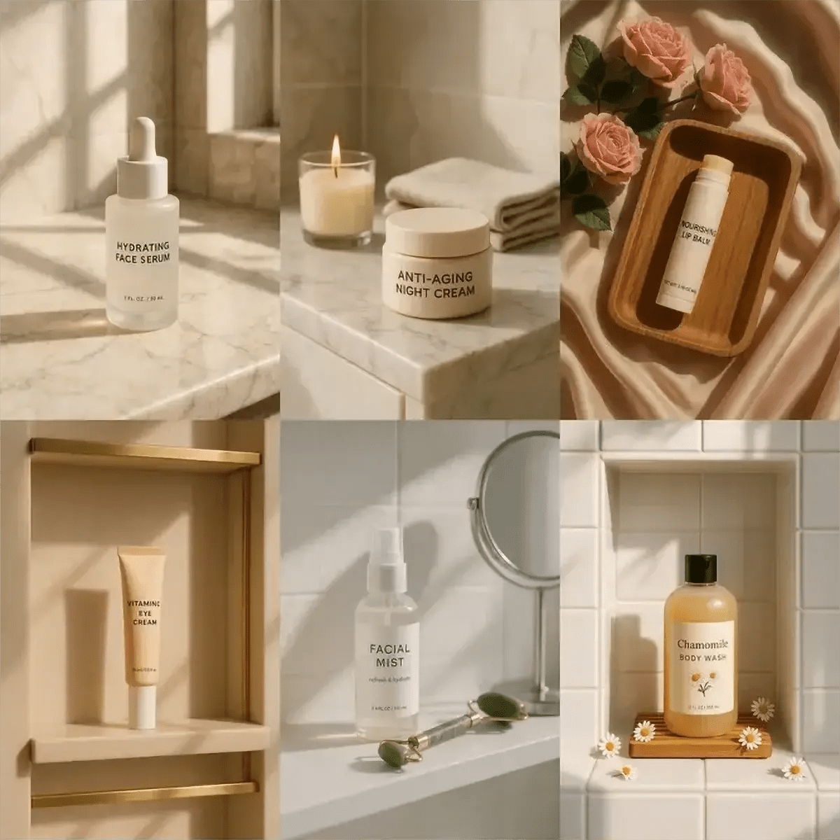 Example output from the Luxury Skincare Product Mockups ChatGPT prompt: premium skincare mockups with soft natural lighting, styled bathroom props, and luxe product placement—perfect for beauty ads and ecommerce listings.