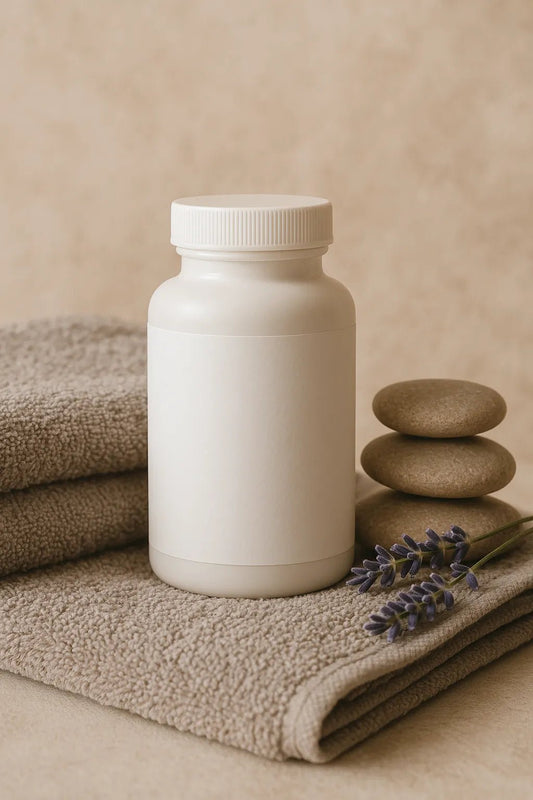 Example output from the Luxury Supplement Mockups White Label ChatGPT prompt: soft-lit supplement mockup. Preview 1.