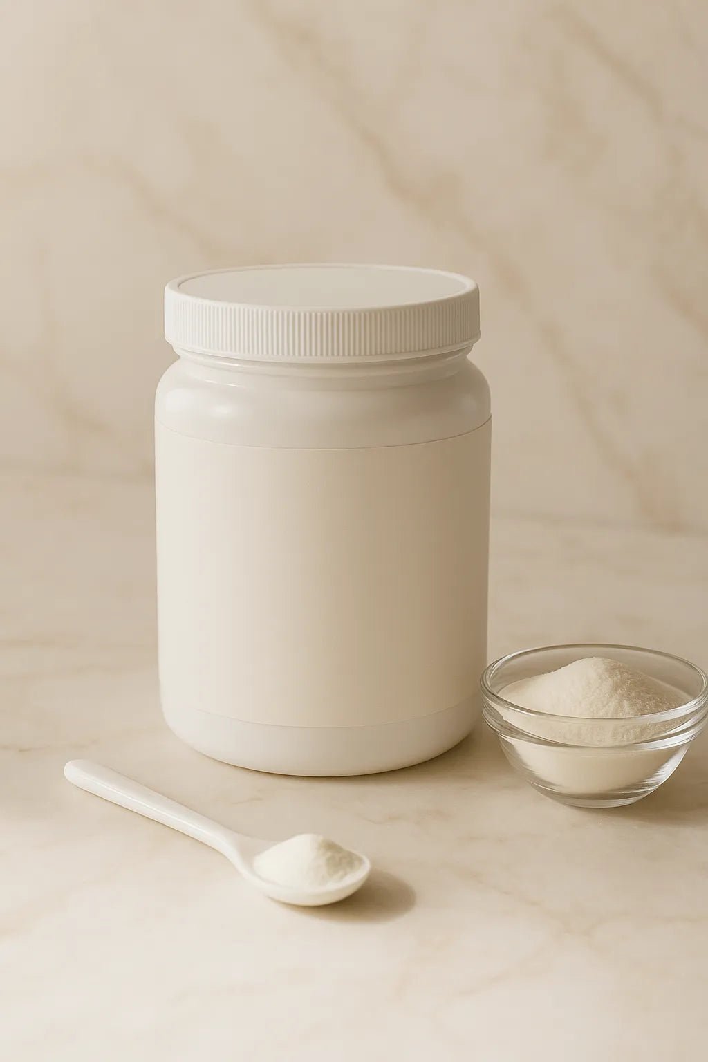 Example output from the Luxury Supplement Mockups White Label ChatGPT prompt: soft-lit supplement mockup. Preview 3.