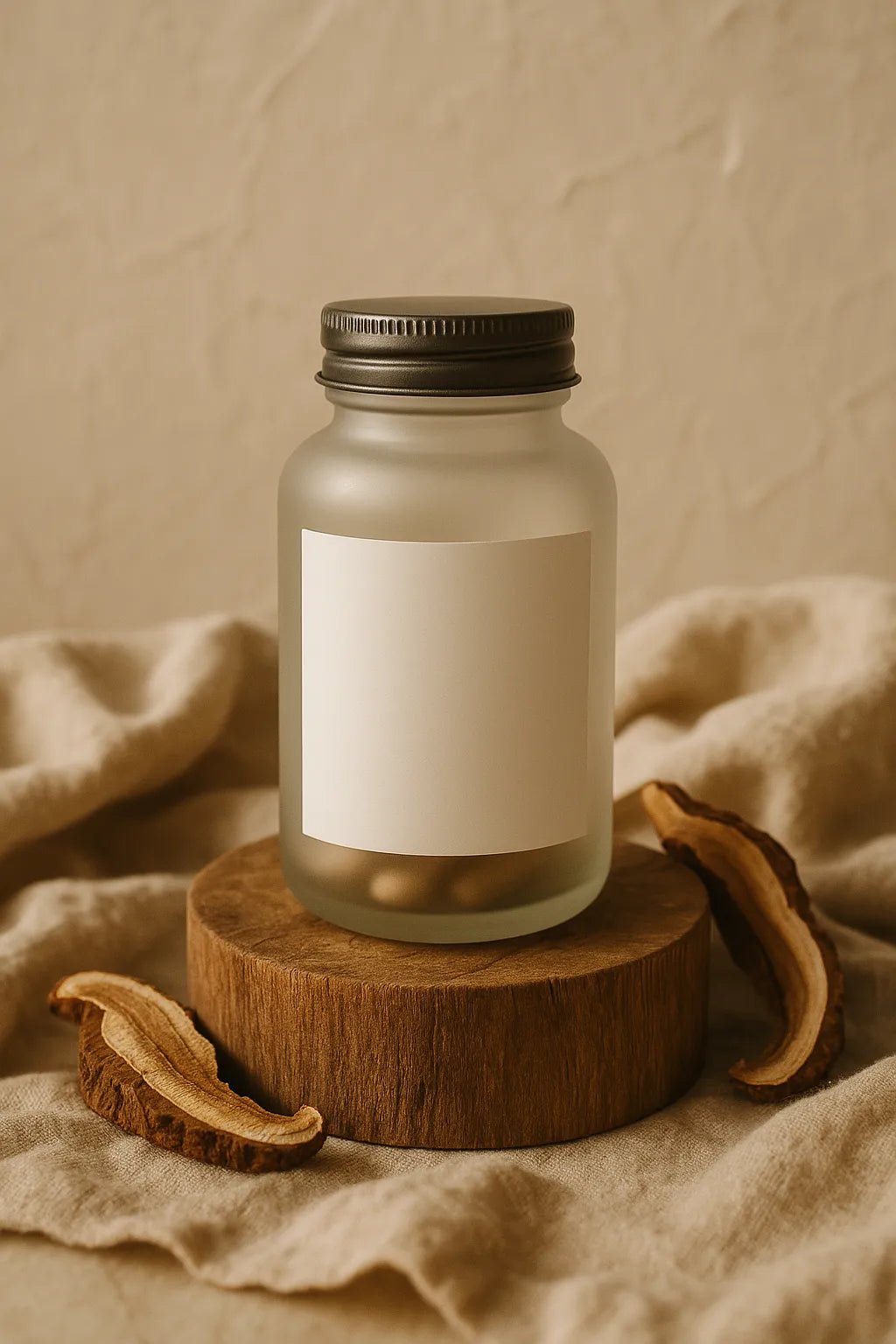 Example output from the Luxury Supplement Mockups White Label ChatGPT prompt: soft-lit supplement mockup. Preview 5.