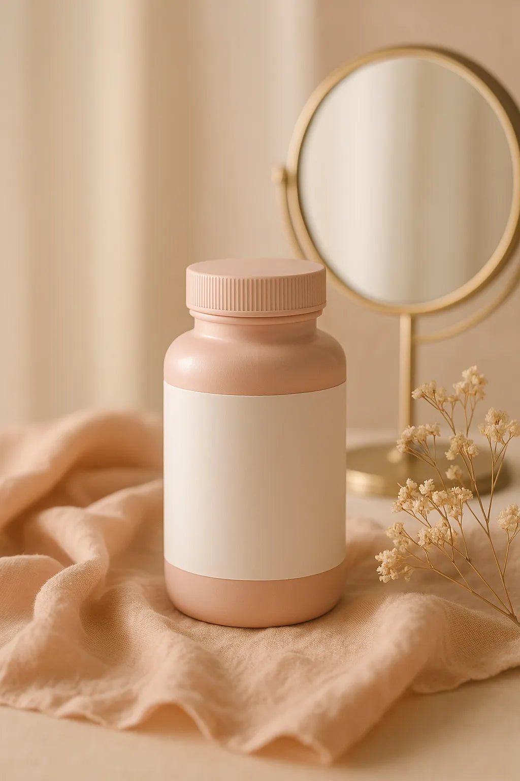 Example output from the Luxury Supplement Mockups White Label ChatGPT prompt: soft-lit supplement mockup. Preview 7.