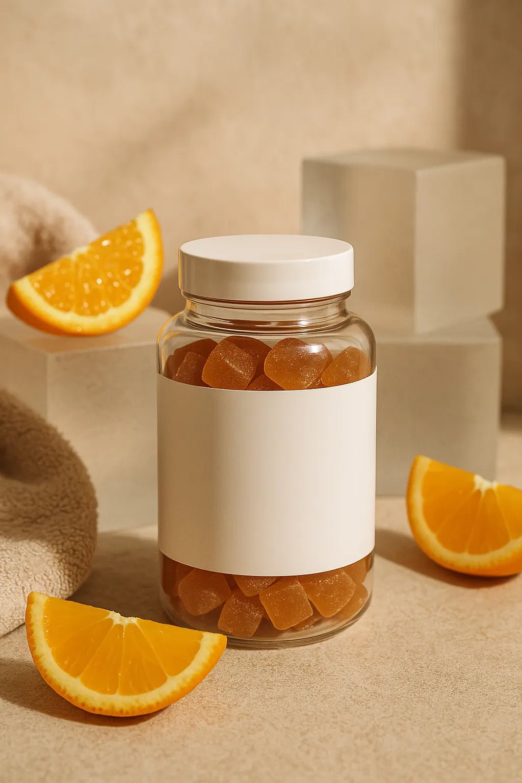 Example output from the Luxury Supplement Mockups White Label ChatGPT prompt: soft-lit supplement mockup. Preview 8.