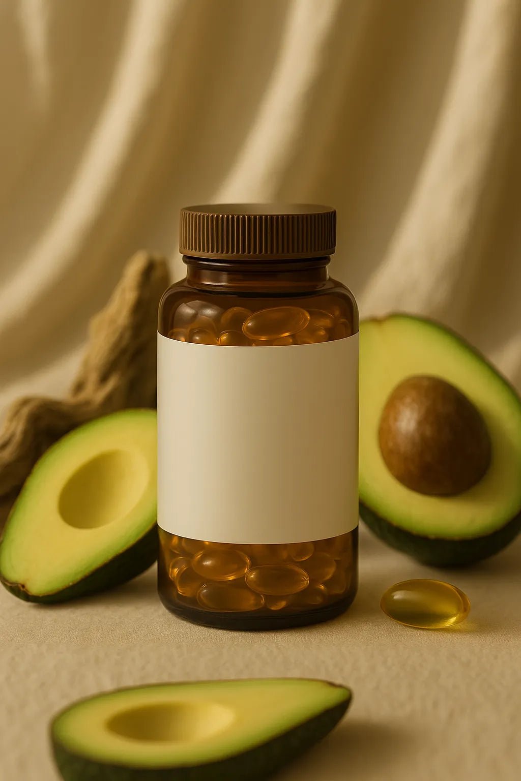 Example output from the Luxury Supplement Mockups White Label ChatGPT prompt: soft-lit supplement mockup. Preview 9.