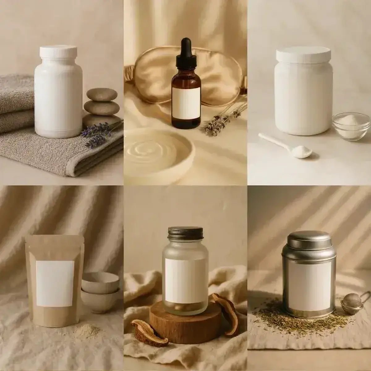 Example output from the Luxury Supplement Mockups White Label ChatGPT prompt: soft-lit supplement mockups with neutral props and blank white labels, featuring vertical editorial compositions for clean wellness branding.