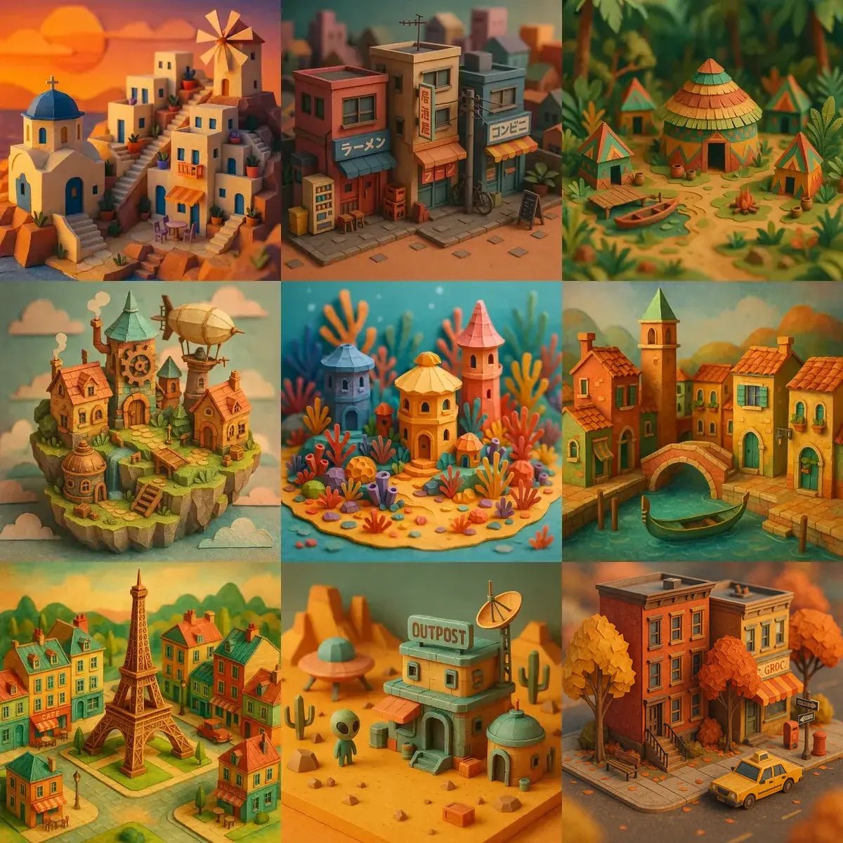 Example output from the Macro Isometric Paper Style 3D Worlds ChatGPT prompt: vibrant low-poly environments in isometric view, styled with paper textures, depth-of-field blur, and detailed scenery from real or fantasy locations.