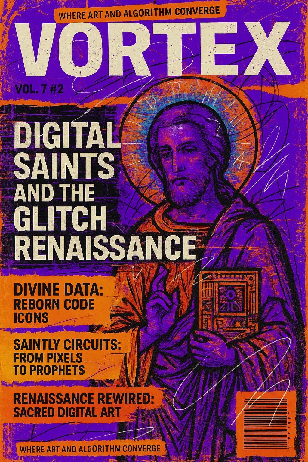 Example output from the Maximalist Magazine Covers ChatGPT prompt: chaotic editorial magazine covers. Vortex.