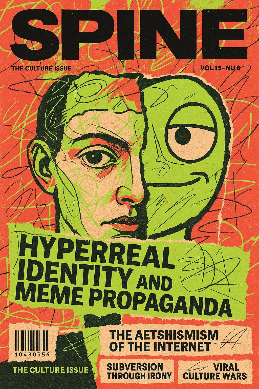 Example output from the Maximalist Magazine Covers ChatGPT prompt: chaotic editorial magazine covers. Spine.
