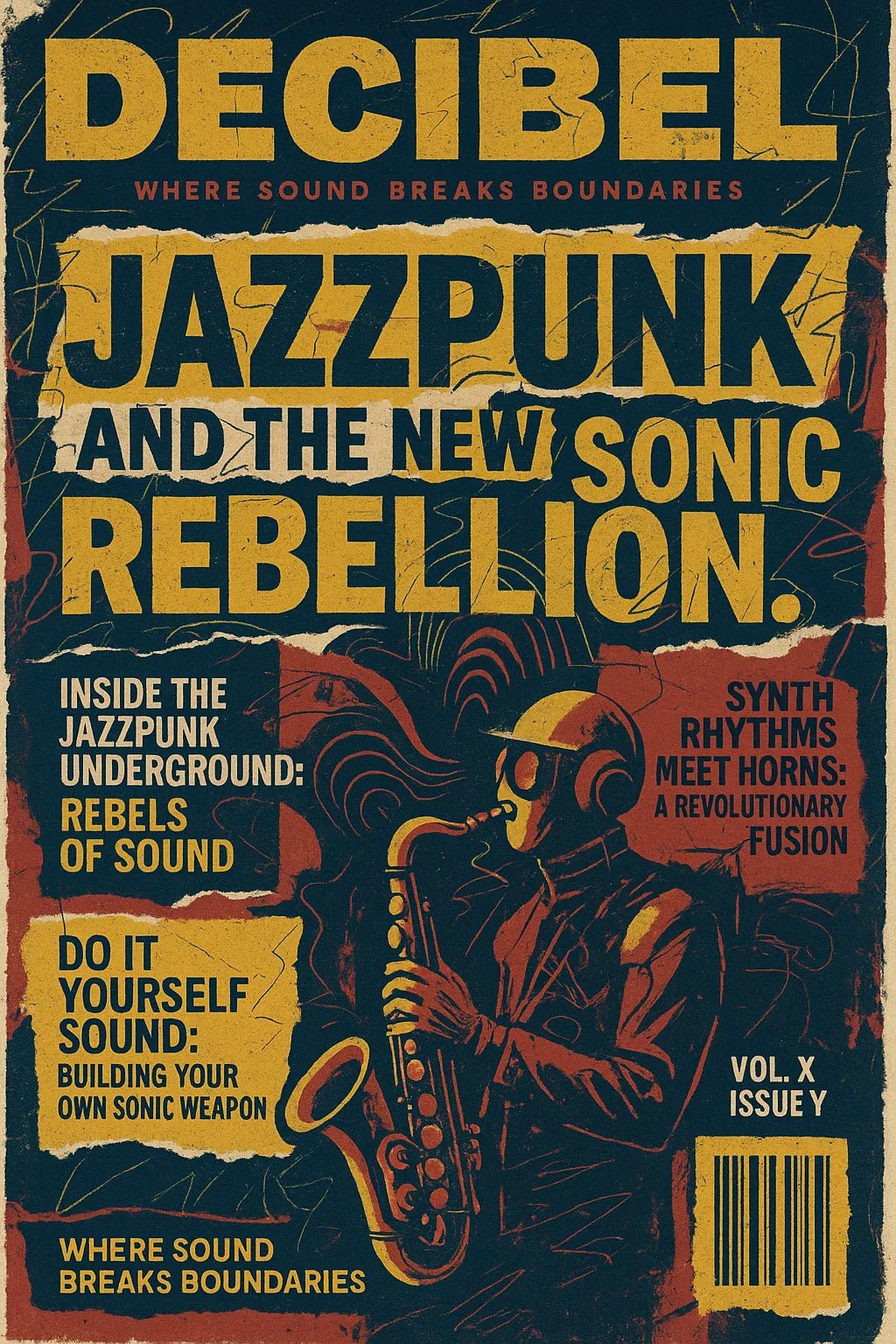Example output from the Maximalist Magazine Covers ChatGPT prompt: chaotic editorial magazine covers. Decibel.