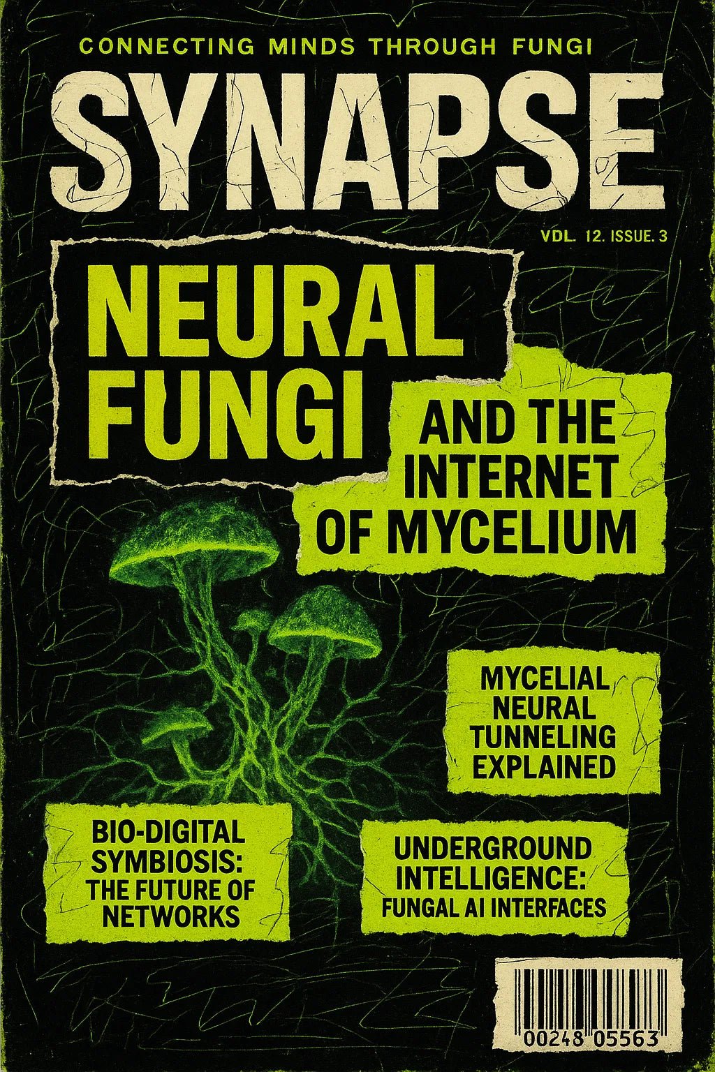 Example output from the Maximalist Magazine Covers ChatGPT prompt: chaotic editorial magazine covers. Synapse.