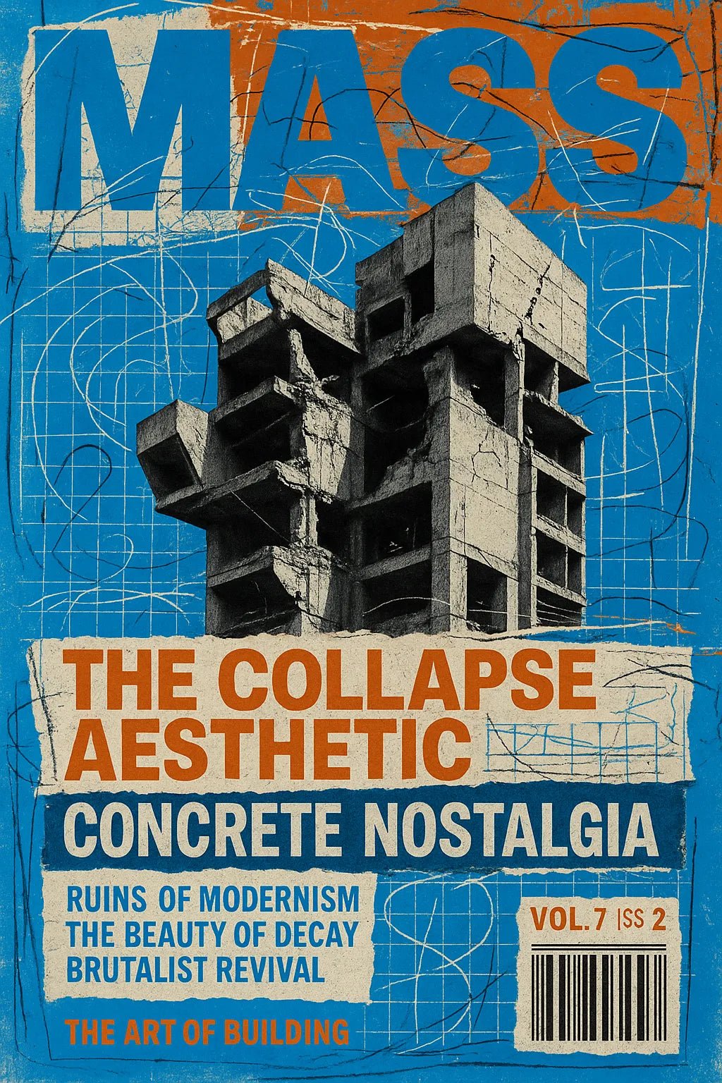 Example output from the Maximalist Magazine Covers ChatGPT prompt: chaotic editorial magazine covers. Mass.