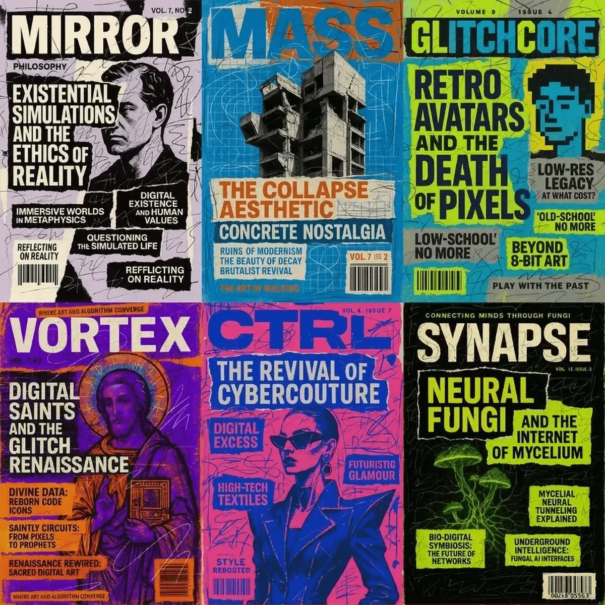 Example output from the Maximalist Magazine Covers ChatGPT prompt: chaotic editorial magazine covers with fragmented typography, neon color pops, and expressive collage layouts designed for culture, fashion, or zine-style visuals.