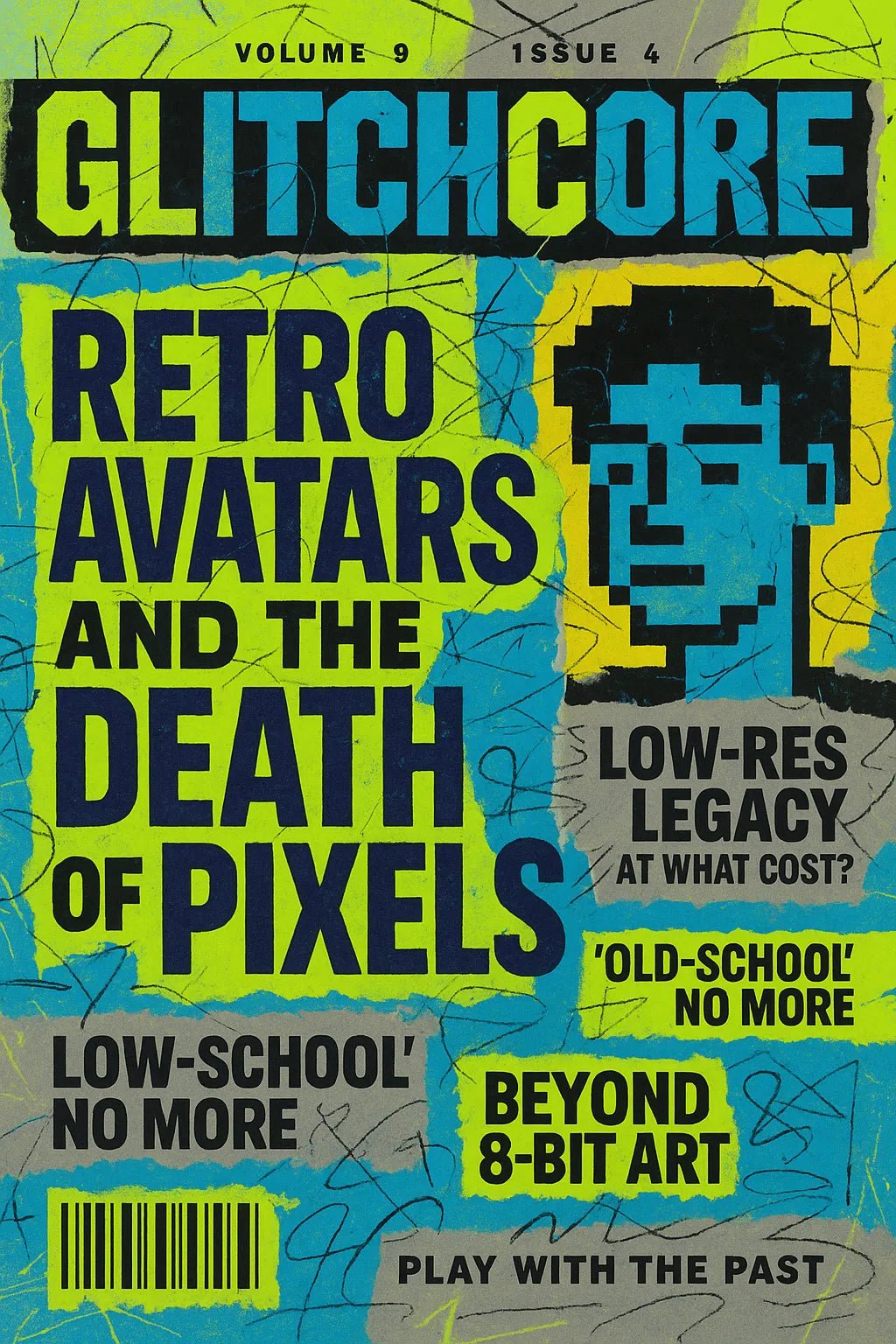 Example output from the Maximalist Magazine Covers ChatGPT prompt: chaotic editorial magazine covers. GlitchCore.