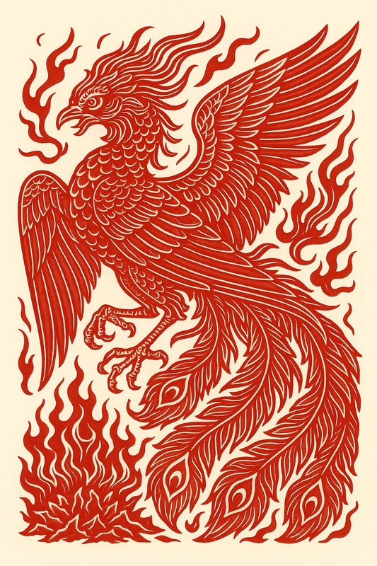 Example output from the Red Maximalist Paper Cut Tattoo Art ChatGPT prompt: Fenix