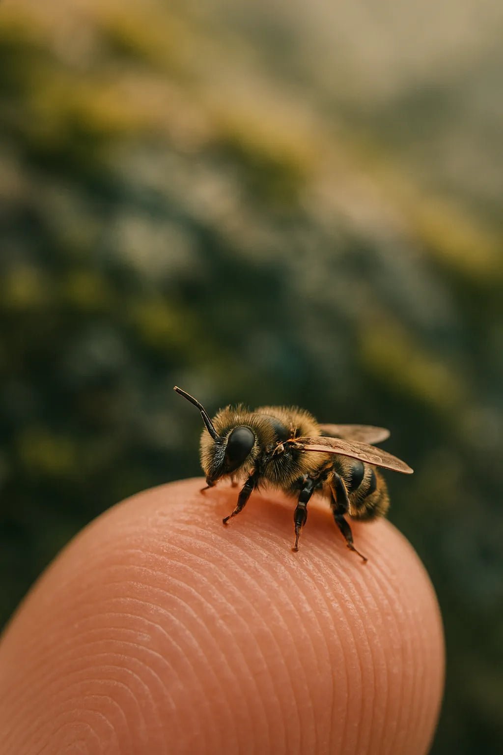 Example output from the Miniature Animal Macro Portraits ChatGPT prompt: ultra-miniature animal perched on finger. Bee.