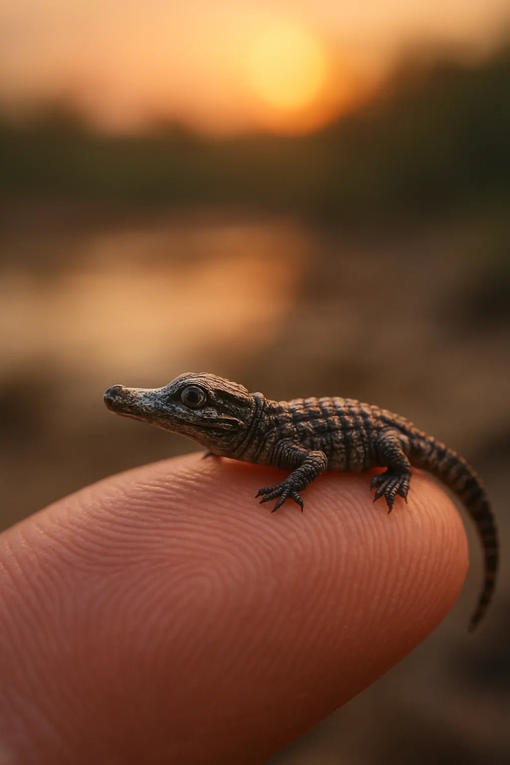 Example output from the Miniature Animal Macro Portraits ChatGPT prompt: ultra-miniature animal perched on finger. Crocodille.
