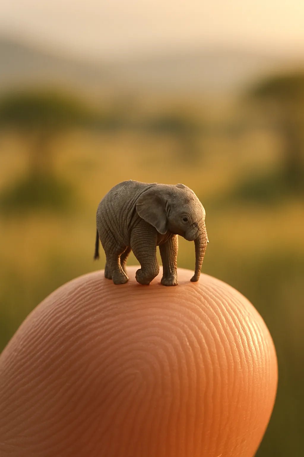 Example output from the Miniature Animal Macro Portraits ChatGPT prompt: ultra-miniature animal perched on finger. Elephant.