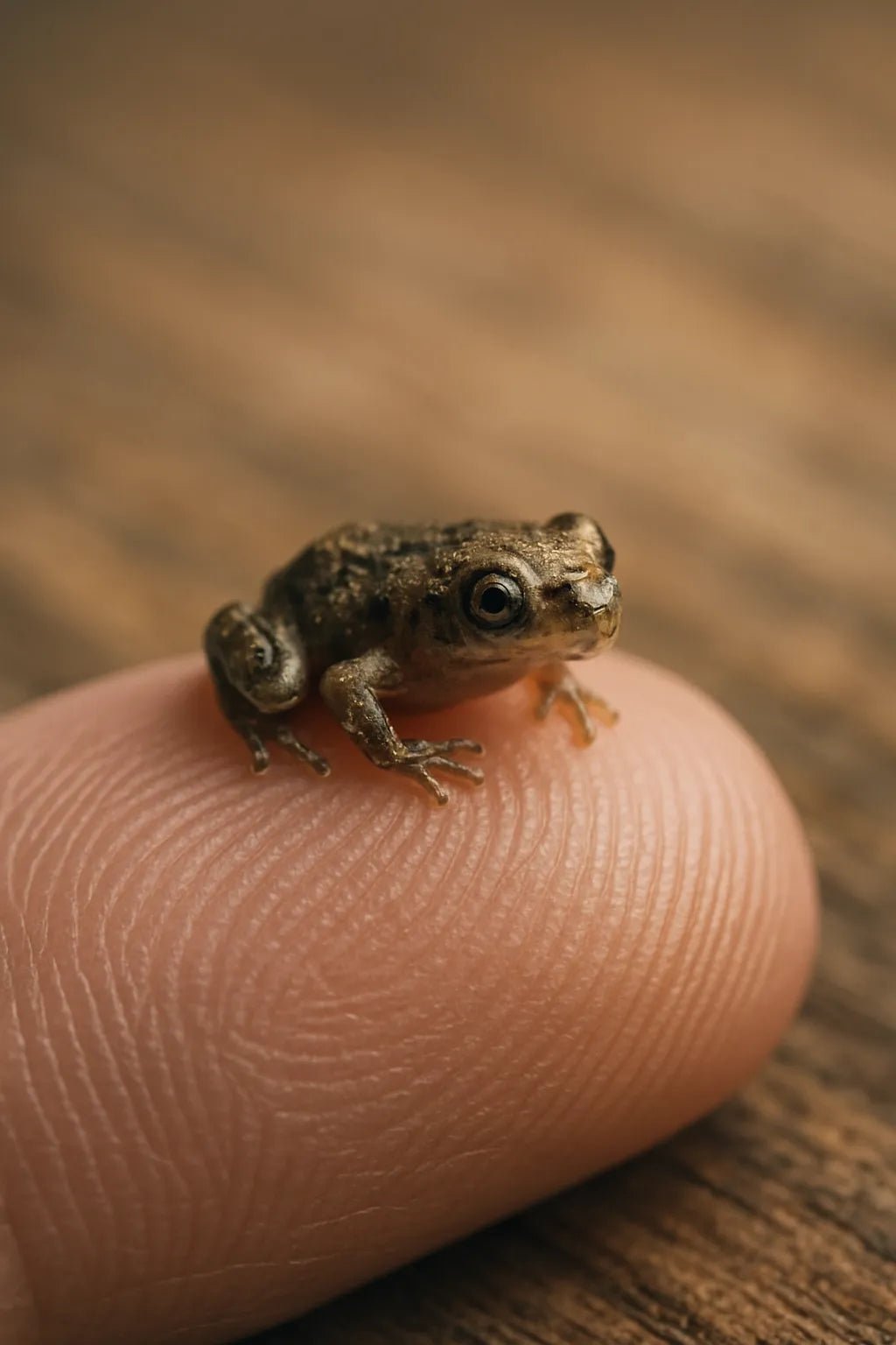 Example output from the Miniature Animal Macro Portraits ChatGPT prompt: ultra-miniature animal perched on finger. Frog.