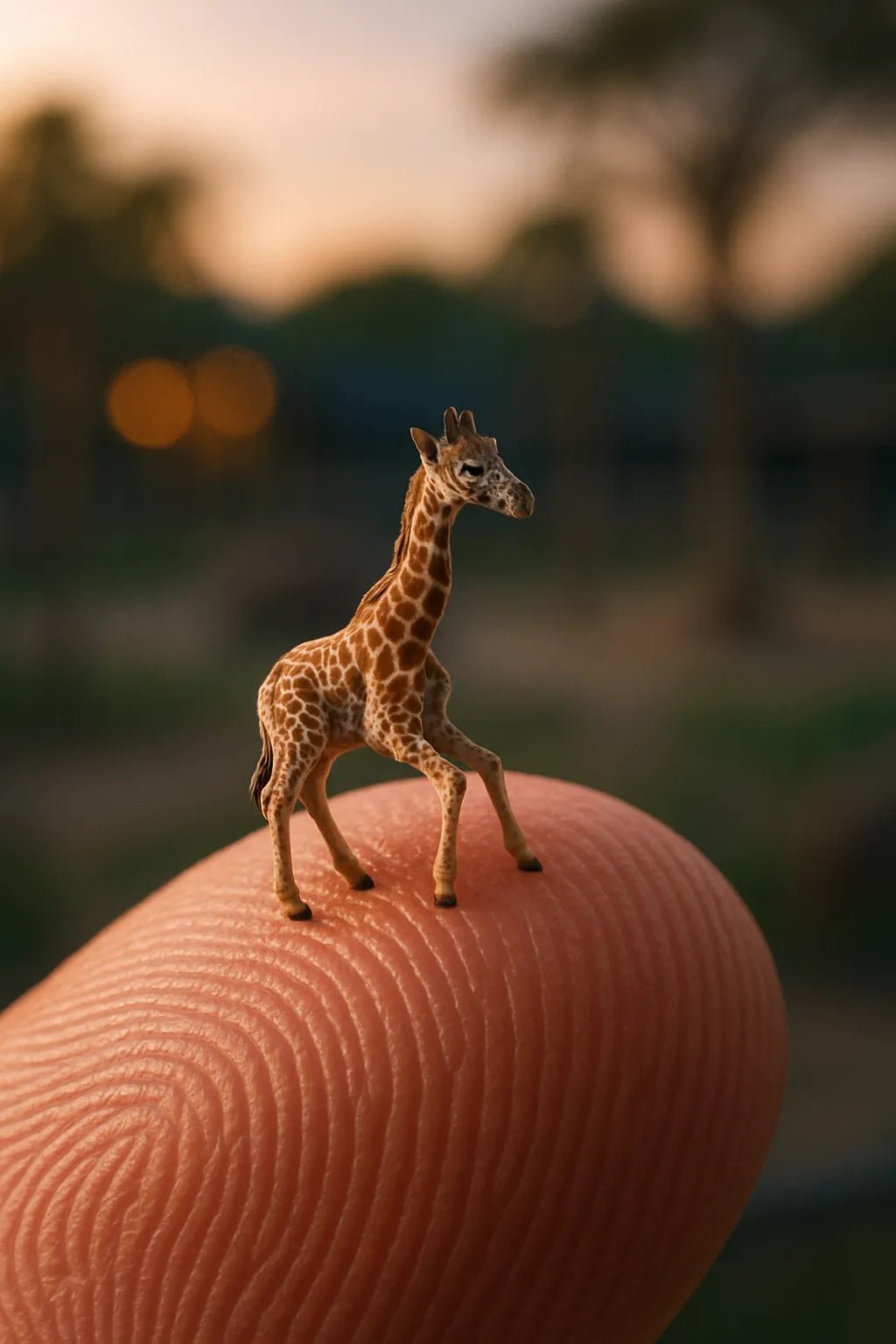 Example output from the Miniature Animal Macro Portraits ChatGPT prompt: ultra-miniature animal perched on finger. Giraffe.