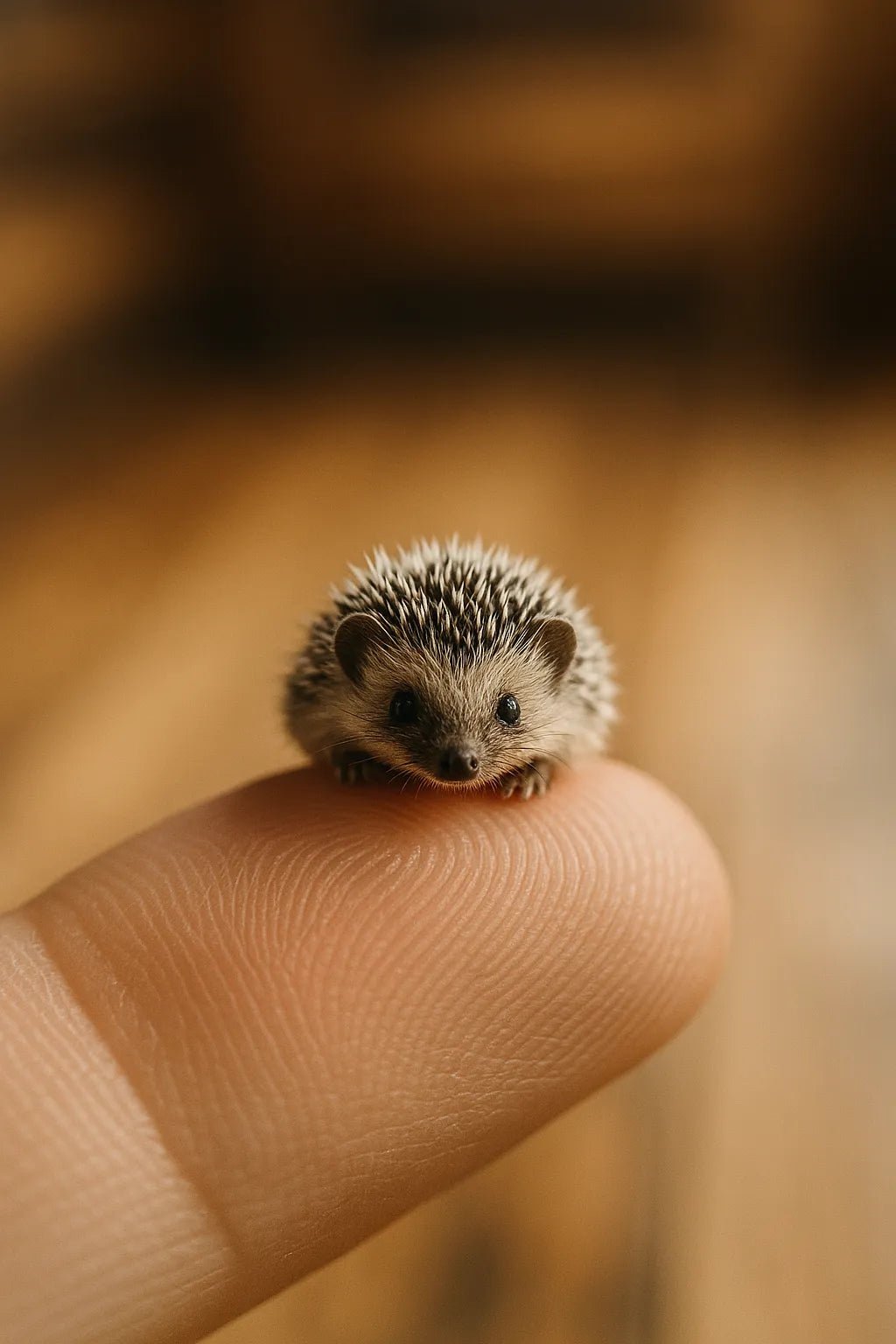Example output from the Miniature Animal Macro Portraits ChatGPT prompt: ultra-miniature animal perched on finger. Hoglet.