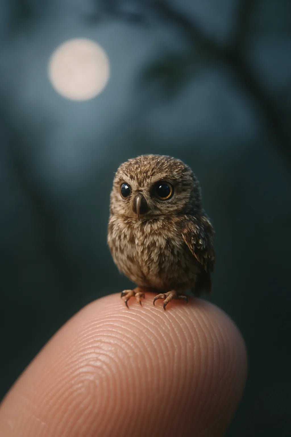 Example output from the Miniature Animal Macro Portraits ChatGPT prompt: ultra-miniature animal perched on finger. Owl.