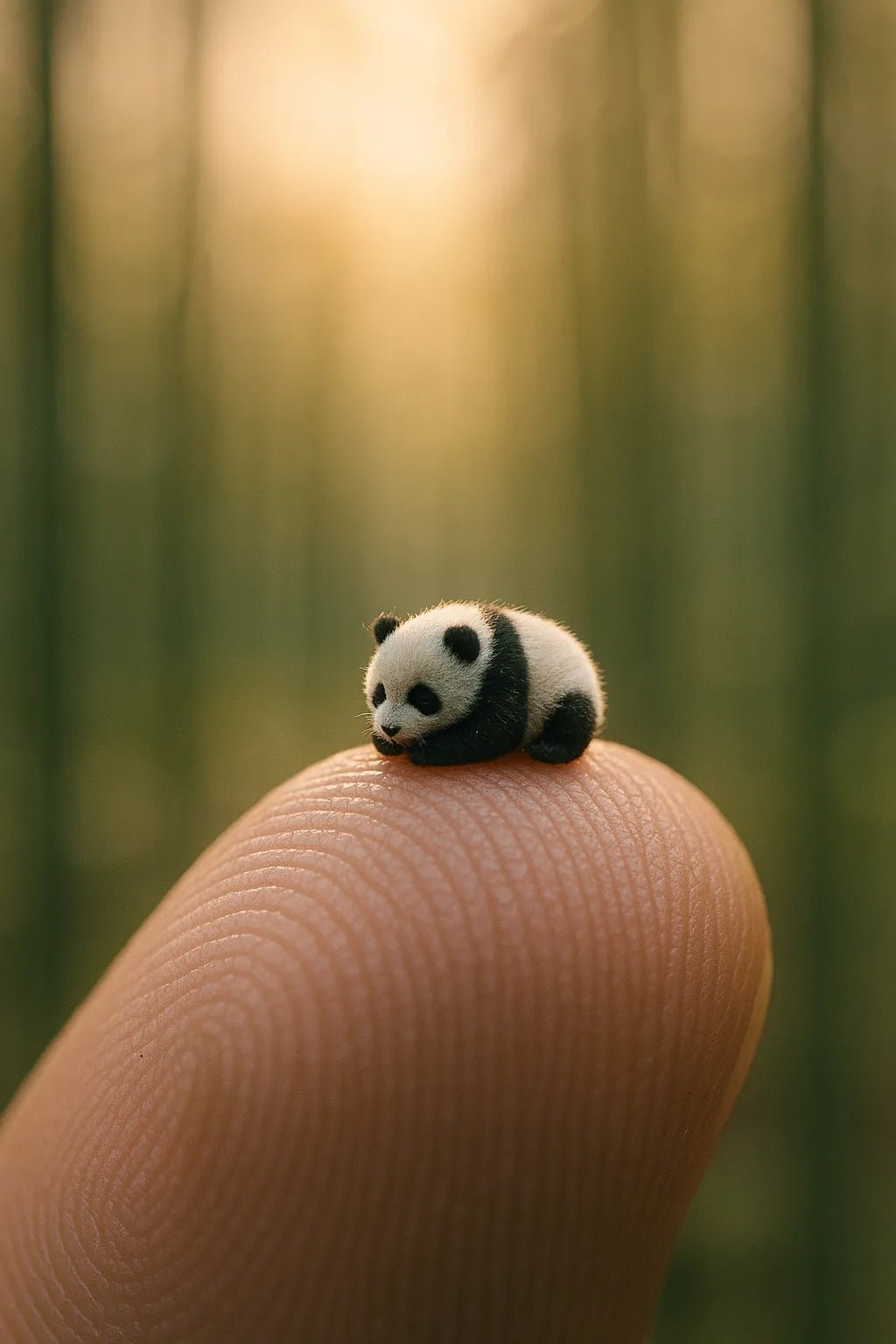 Example output from the Miniature Animal Macro Portraits ChatGPT prompt: ultra-miniature animal perched on finger. Panda.